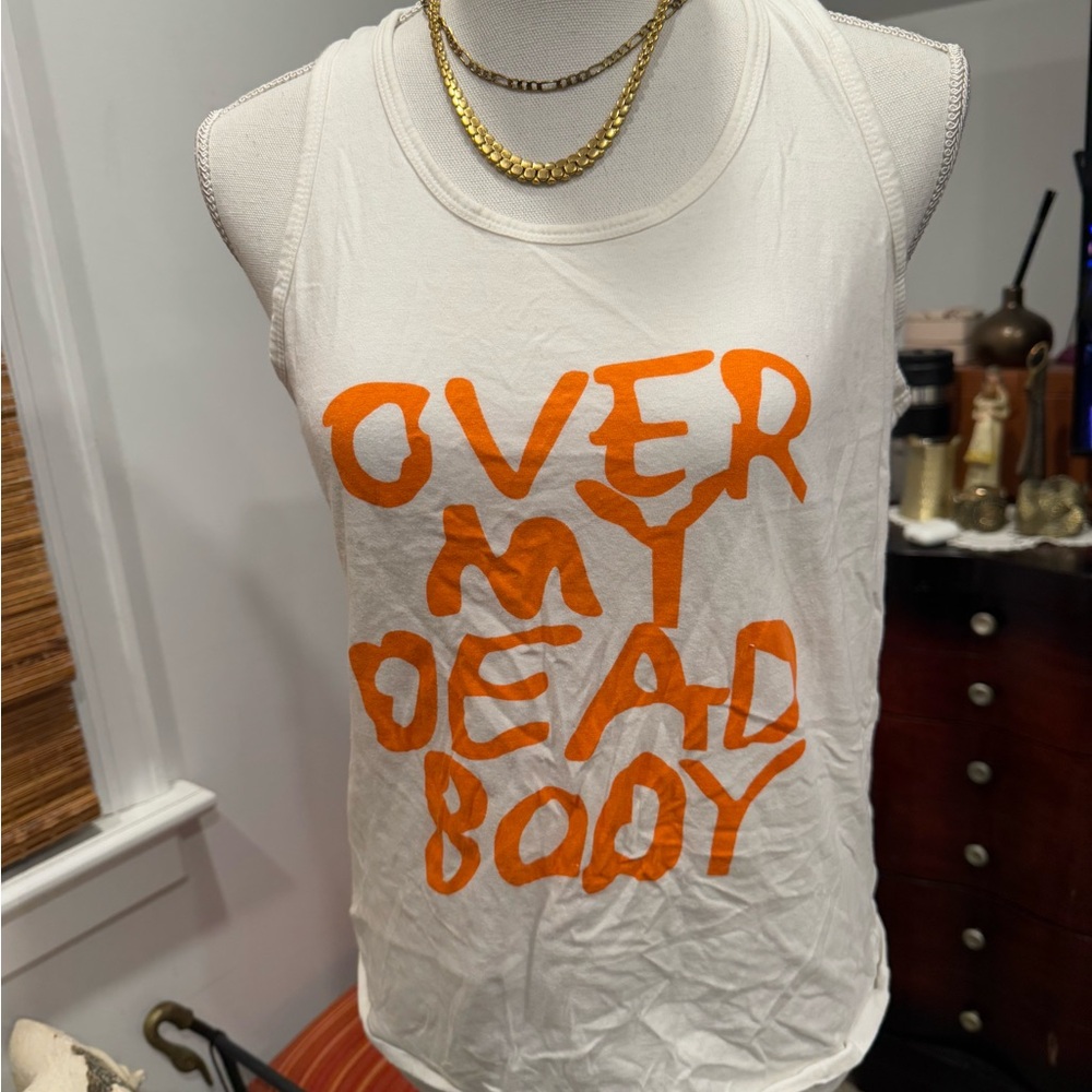 Graphic White Tank with Bold Orange Text
